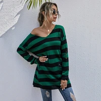 women green and blue striped sweater women v neck green stripped sweater new oversized knit long jumpers female pullovers tops