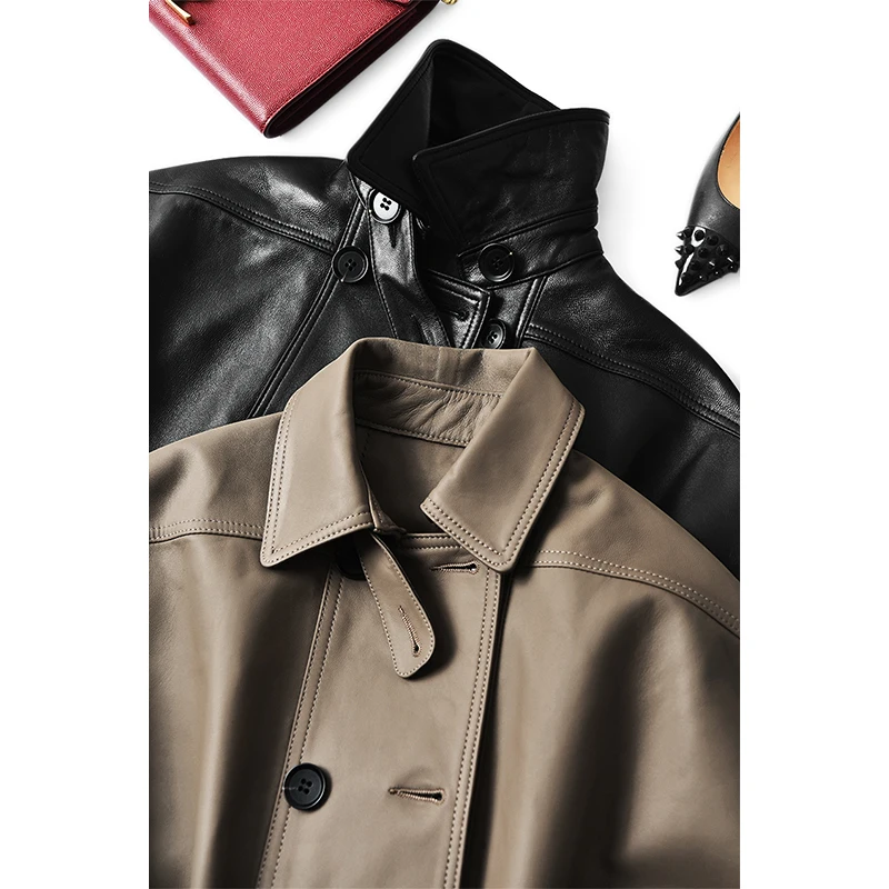 SHUCHAN  Genuine Leather Jacket  Sheepskin  Spring/Autumn  England Style  Double Breasted Leather Sheepskin Leather Jacket