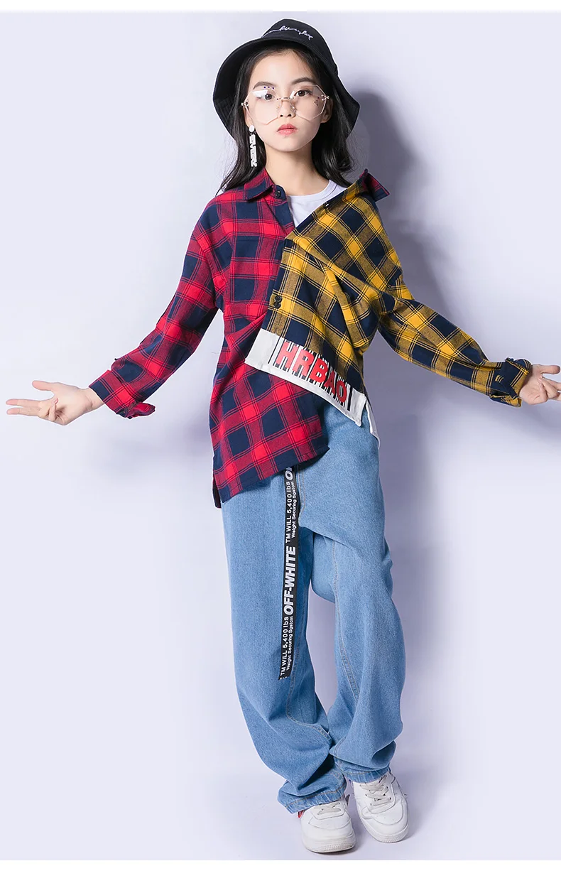 

Jazz Costume Hip Hop Ballroom Dance Clothing Outfits Girls Dancing Costumes Black Yellow Plaid Shirt Street Stage Clothes Wear