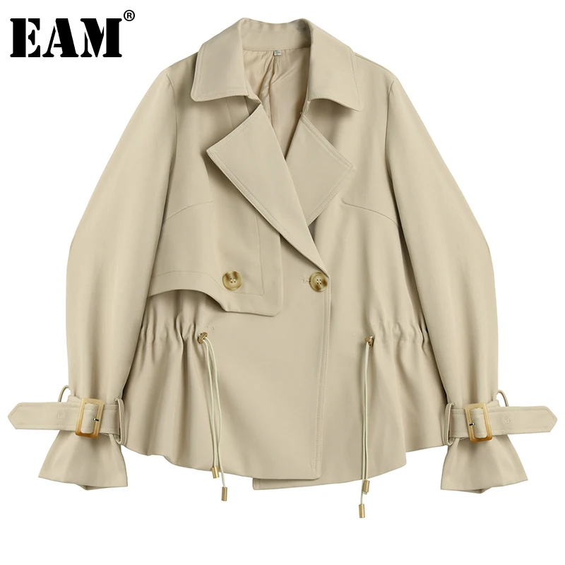 

[EAM] Свободная Повседневная куртка абрикосового цвета на завязках, новинка, Женское пальто с длинными рукавами и отворотом, модное весенне-о...