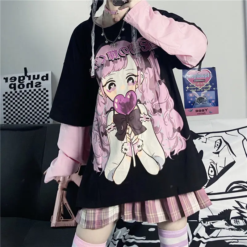 

Gothic top Harajuku oversezed t-shirts pink Love girl Short sleeve Japanese Second element Anime clothing cute y2k