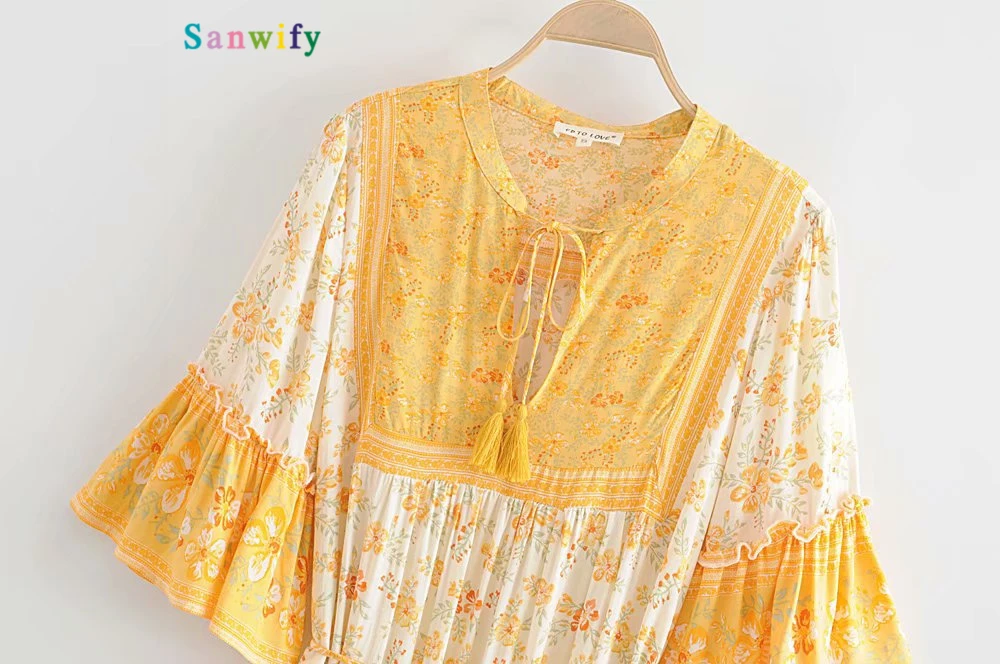 

Laipelar Bohemian Floral Print Mini Dress Women V Neck Sleeve Women Dresses Female Summer Autumn