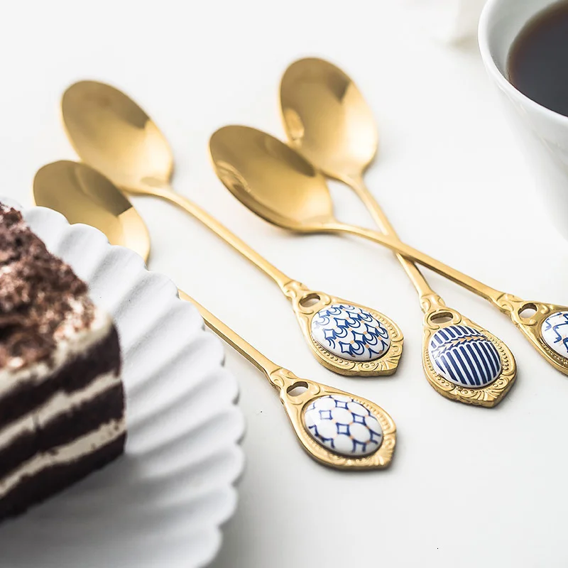 4 шт. Золотая элегантная ложка из нержавеющей стали бытовой закусочный кофе набор
