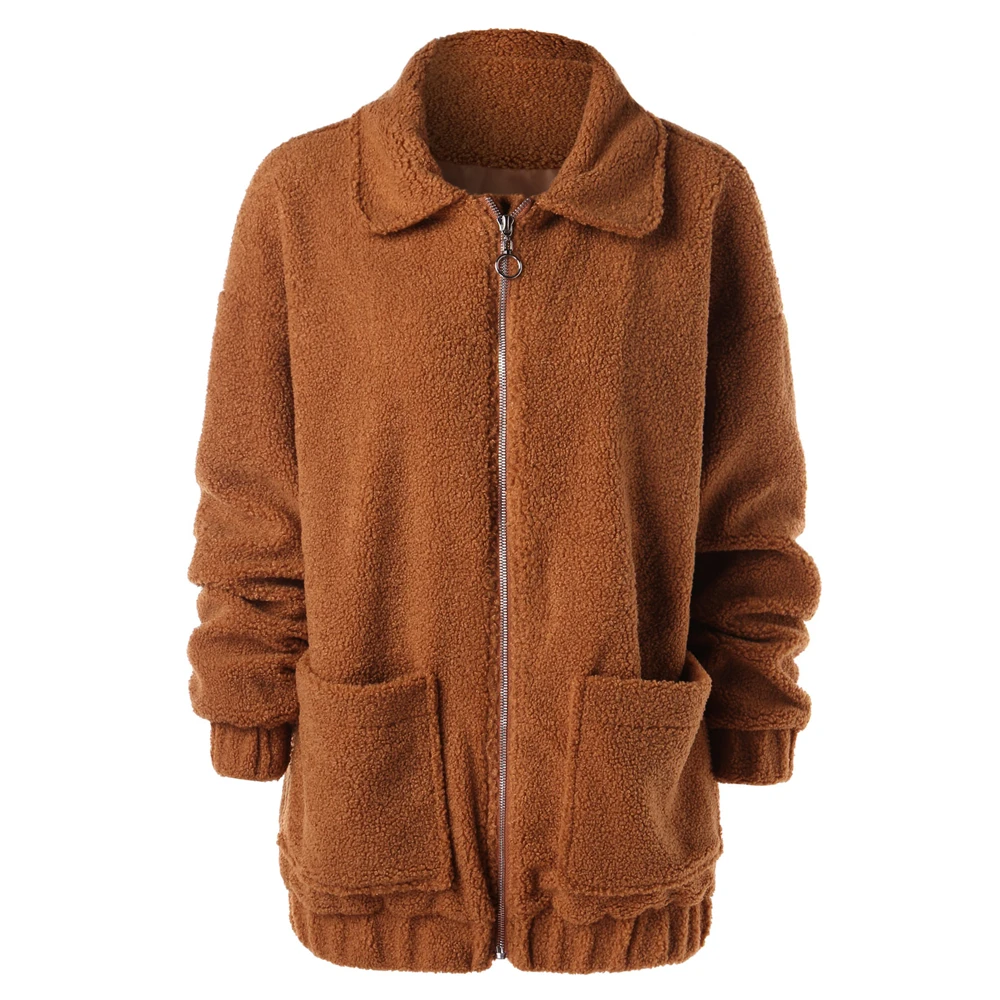 

Women Teddy Coats Turn Down Collar Long Sleeves Faux Fur Women Jackets Zip Pockets Female Outwear Casual Tops