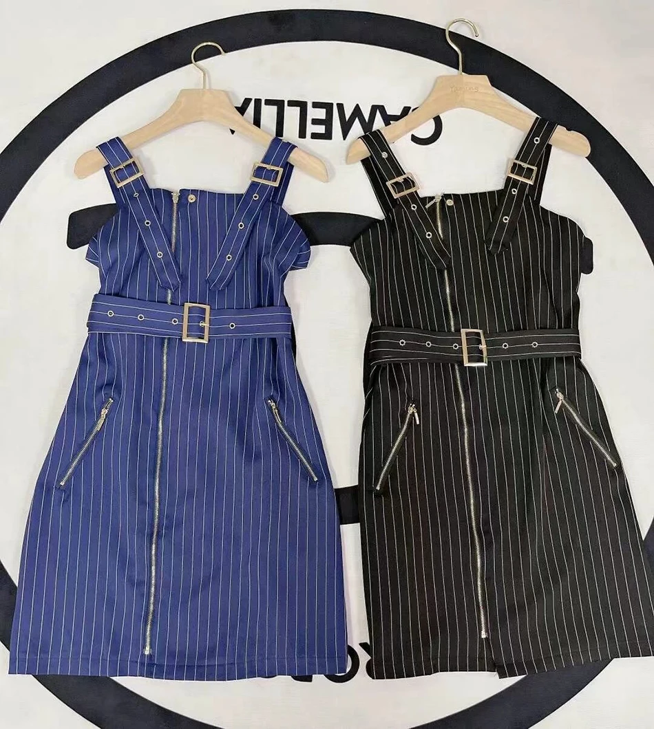 

Free Shipping 2021 New Women Sexy V-Neck Sleeveless Stripe Slim Summer Spaghetti Strap Dress Female Fashion Belt Mini Vestidos