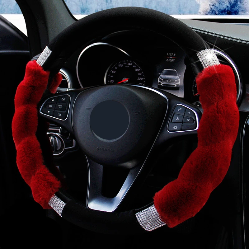 

Зимний теплый чехол рулевого колеса автомобиля Rex Rabbit Hair, чехол для руля Funda Volante Coche, автомобильные аксессуары для девочек 37-38 см