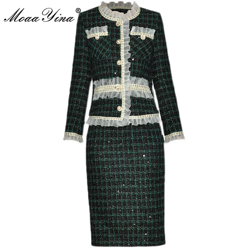 MoaaYina Fashion Designer Winter Tweed Skirt Suit Women's Sequins Single-Breasted Long sleeve Coat and Plaid Skirt 2 Piece Set