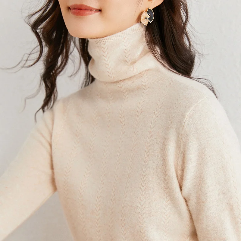 

Turtleneck sweater female striped pullover long sleeves knitted natural wool casual ladies clothing