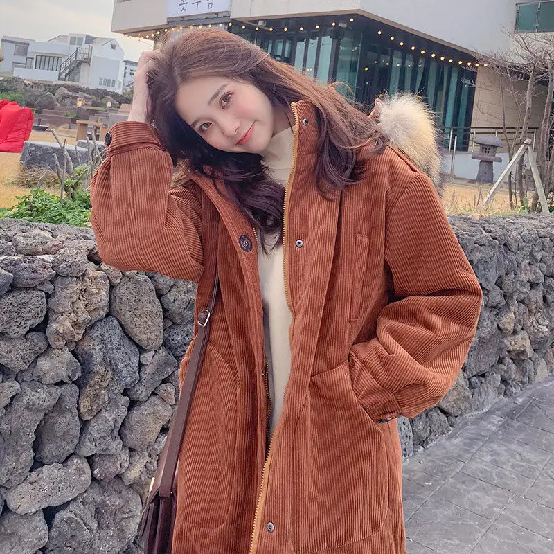 Женская Вельветовая куртка с меховым воротником капюшоном|Женские парки| |