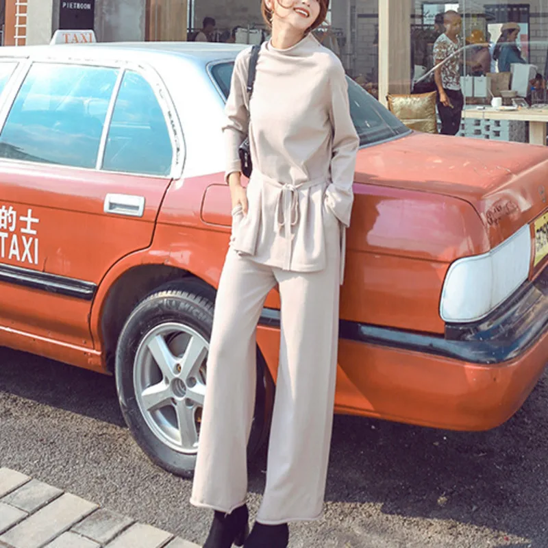 

High Quality Autumn Winter Korean Casual Knitted Two Piece Set Women Outfits Pullover Sweater + Pants Suits Trousers 2 Piece Set