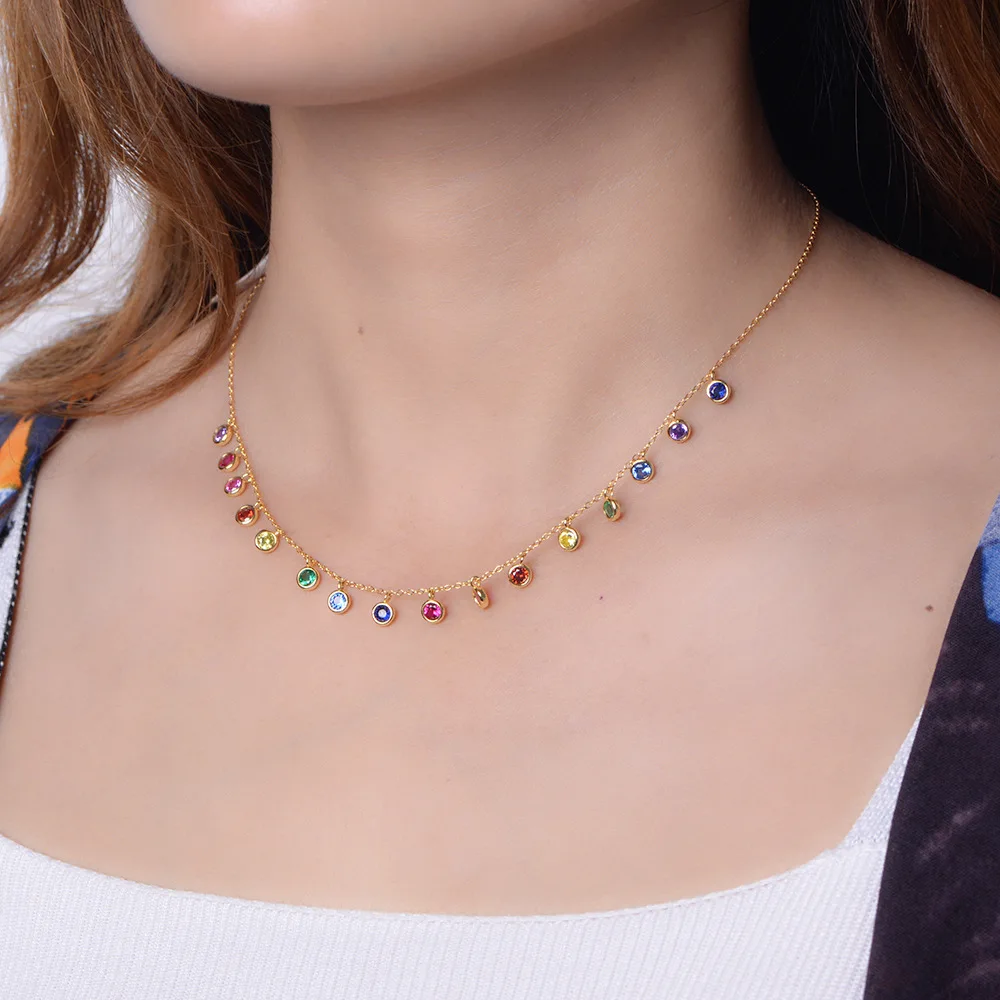 

Hot Selling Rainbow Cubic Zirconia Necklace 925 Sterling Silver Multicolor Stones Women Necklace For Gift