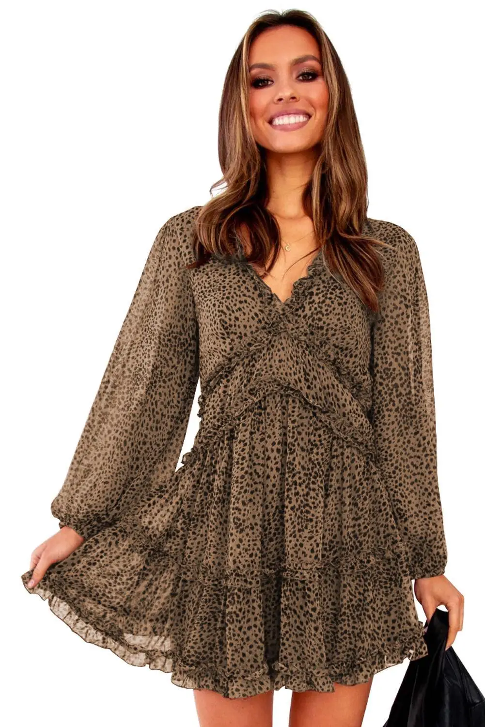 

White/Leopard/Sky Blue/Green Ruffle Detailing Open Back Floral Chiffon Dress Women Long Sleeve A Line Beach Holiday Dresses S-XL