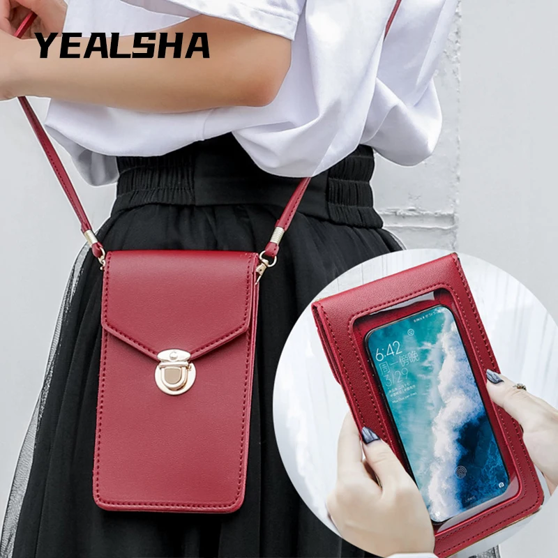 

2021 New Lock Buckle Shoulder Messenger Bag Pu Leather Touch Screen Mobile Phone Bag Small Wallet Travel Card Bags For Women