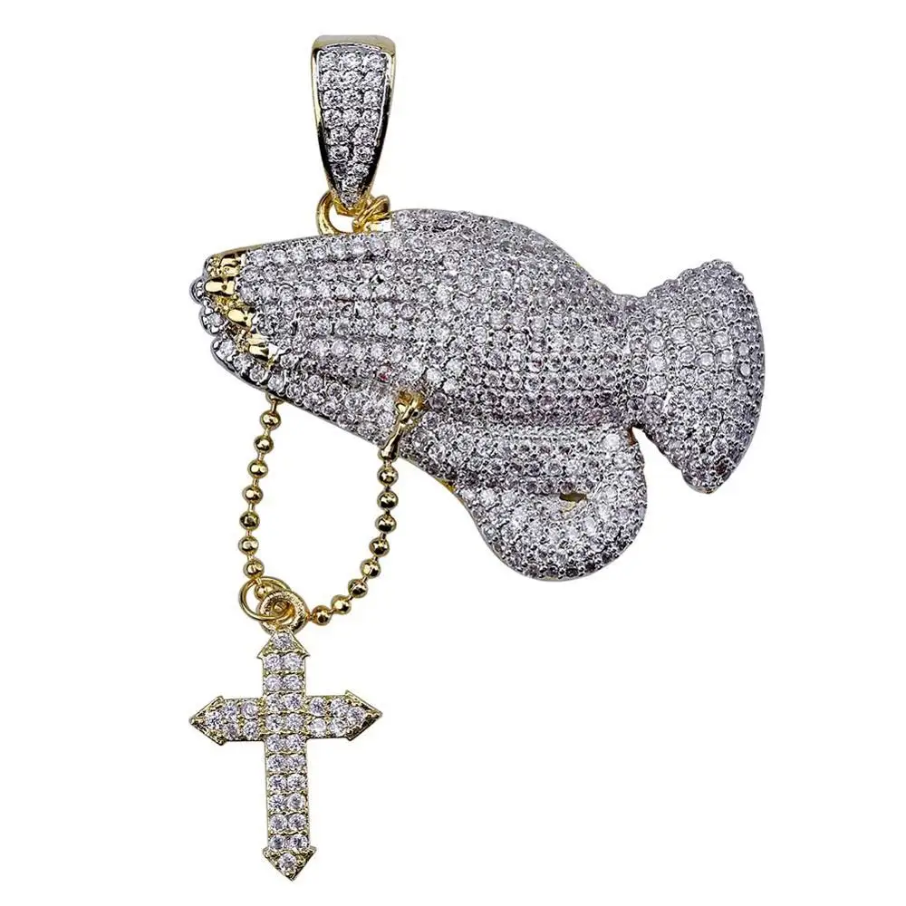 

Jesus Christian Cross Prayer Gesture Retro Necklace Micro pave Zircon Hip hop Ice Out Men Women Fashion Pendant Jewelry