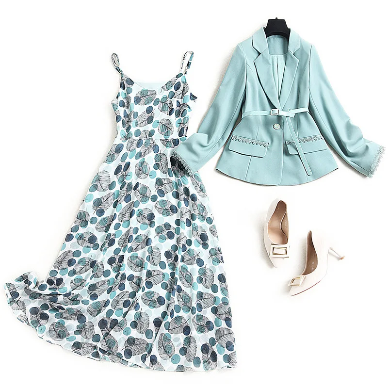 

2021 Early Spring High End Boutique Fashion Office Belt Blazer Suit For Women Plant Floral Print Chiffon Suspender Skirt Set