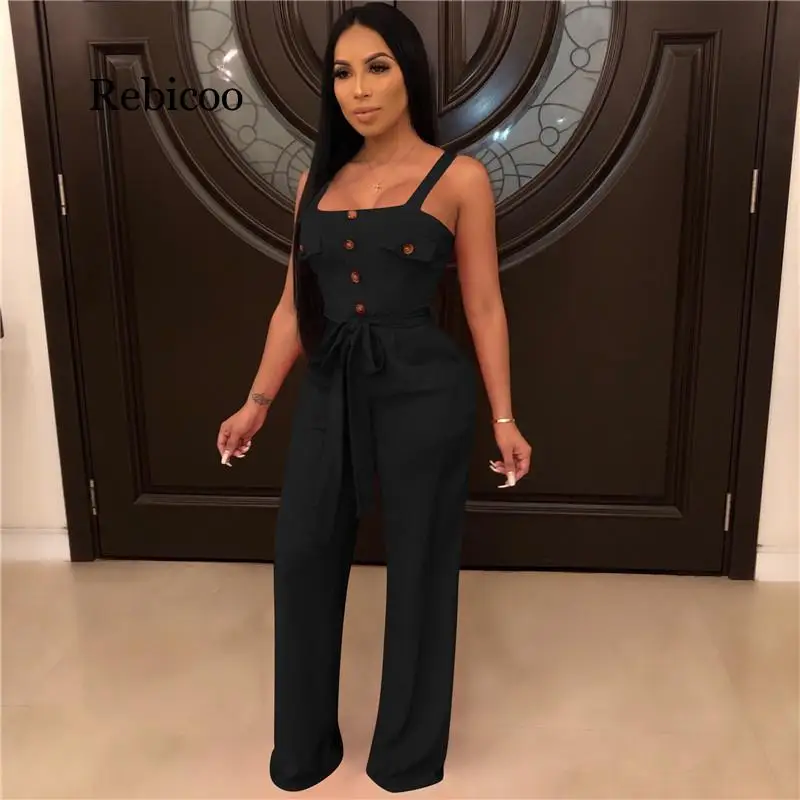 

Summer Jumpsuits for Women Rompers Sexy Sleeveless Backless Button Casual Wide Leg Pants Elegant Loose Overalls Pockets Sashes