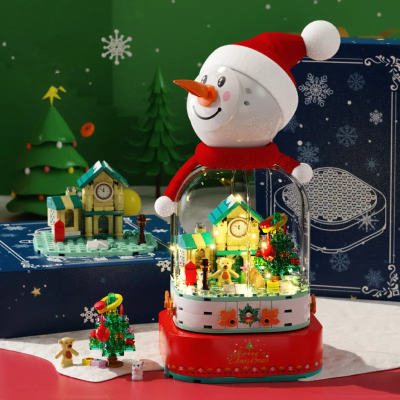 

601162 Christmas Series Snowman House Rotating Music Box Assembled Small Particle Building Blocks Boys And Girls Holiday Gifts