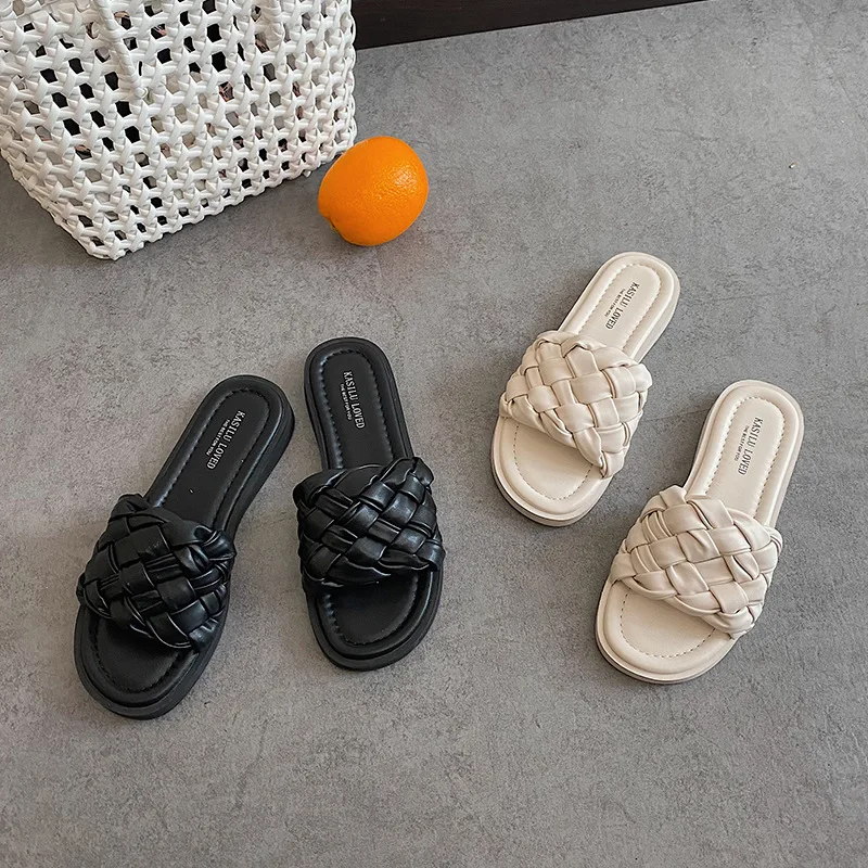 

Shoes Woman 2021 House Slippers Platform Pantofle Luxury Slides Shale Female Beach New Flat Designer Sabot PU Bonded Leather Rom
