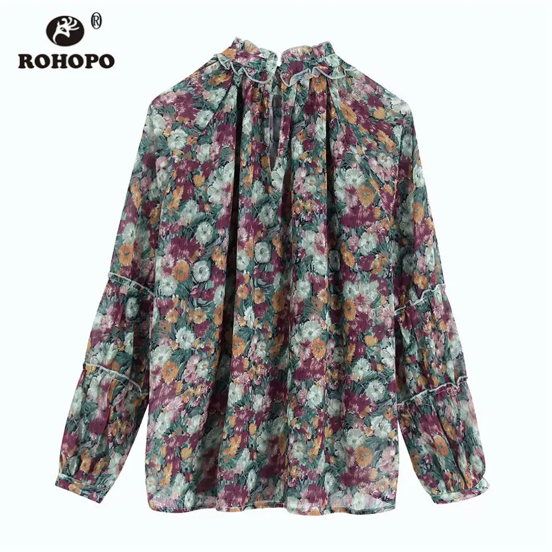 ROHOPO цветочные с длинным рукавом Блузка Полу Высокий воротник прозрачная оверлок