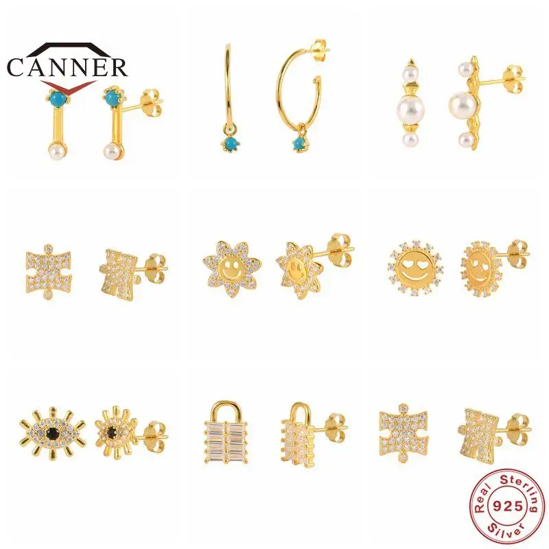 

CANNER 925 Sterling Silver Small Cute Exquisite Stud Earrings for Women Pearl Turquoise Piercing Earings Fine Jewelry Pendientes