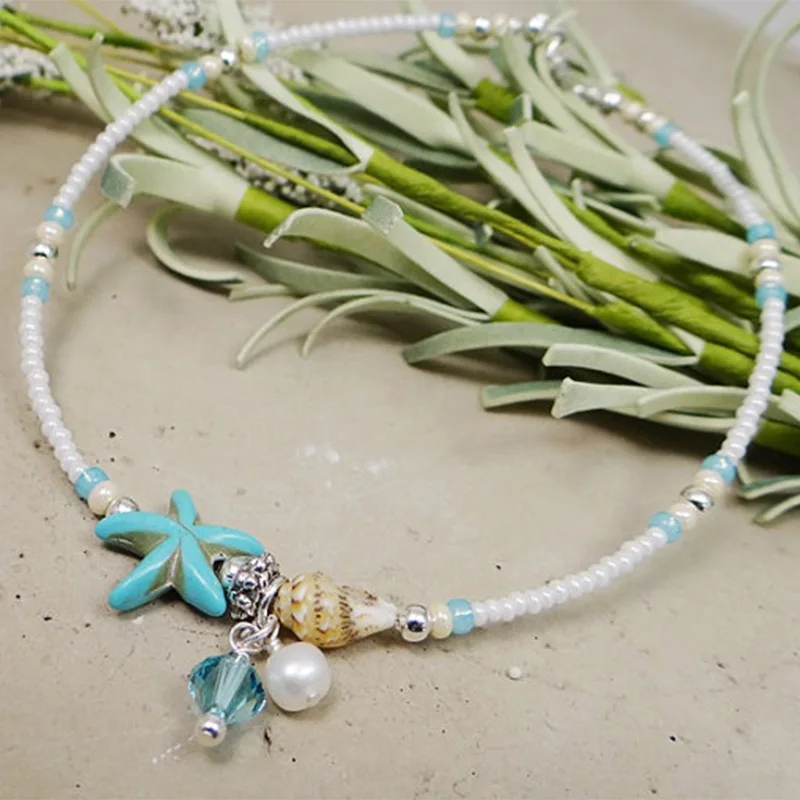 

New Fashion Starfish Conch Shell Anklets Bohemian Beach Pearl Foot Chain Beaded Anklet Bracelet for Women Jewelry