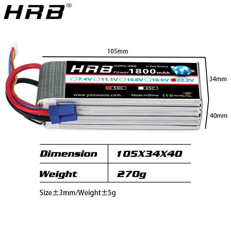 Литий полимерный аккумулятор HRB 22 2 в 6S 1800 мАч XT60 T Deans XT90 TRX EC5 50C для мультикоптера FPV