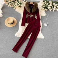 women new corduroy jacket pants sets two pieces set suits ol double breasted belt fur collar jacket trousers blazers pant sets