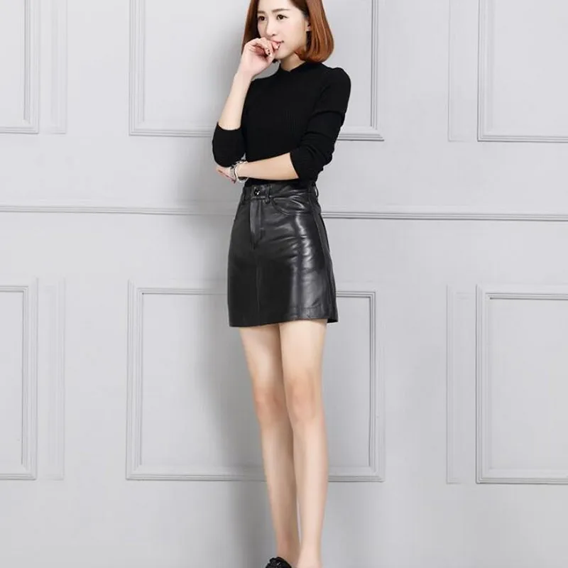 

Real OL Leather Spring Wrap Skirt Women 2021 New Sexy A-Line Mini Skirt Streetwear Black Zipper Sheepskin Skirt Plus Size 4XL