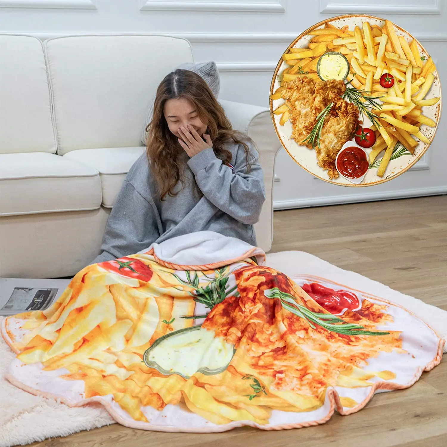 

Battilo Chips Chicken Food Throw Blanket 3D Print Soft Flannel Winter Warm Round Blankets Decorative Blankets For Bed Sofa