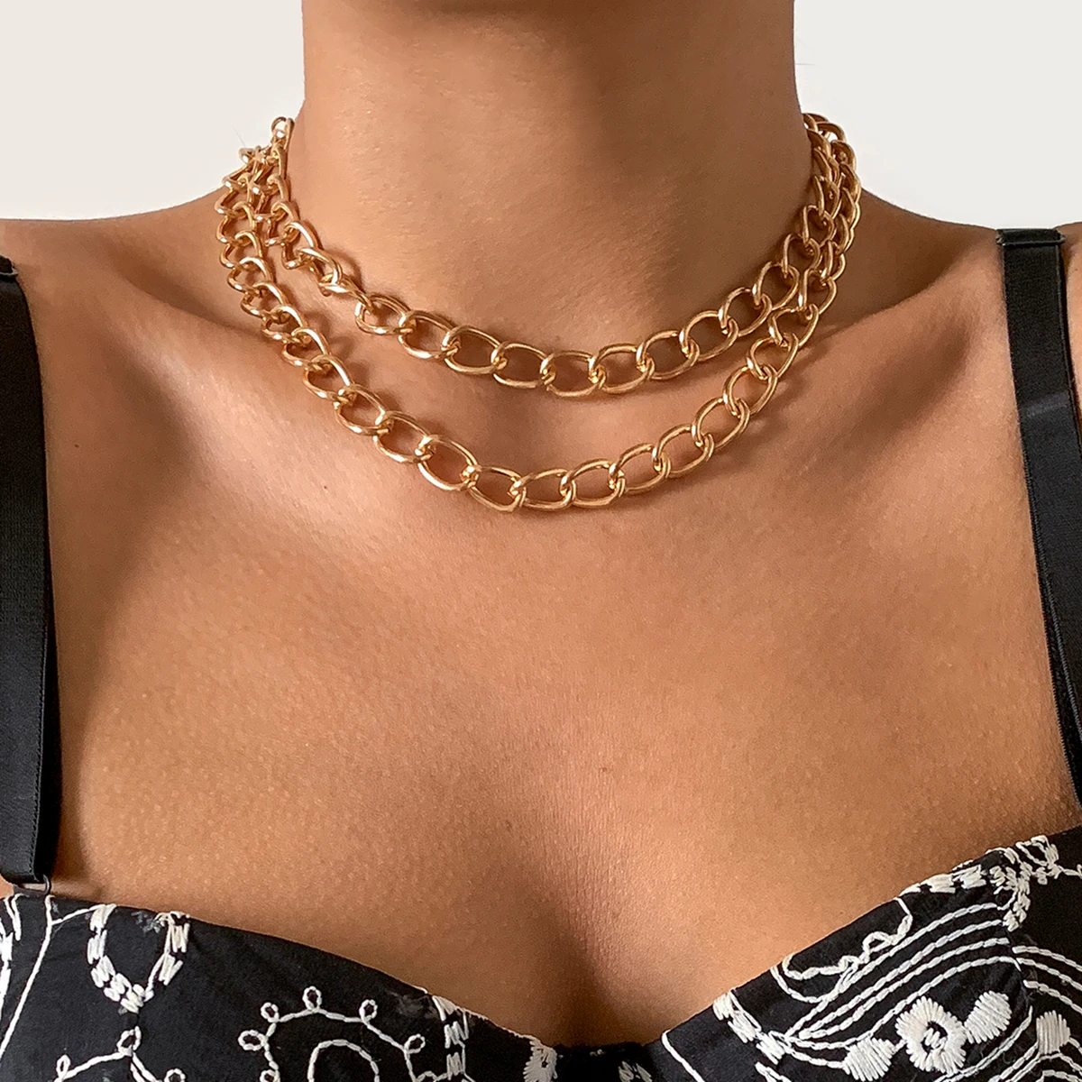

IngeSight.Z 2Pcs/Set Miami Curb Cuban Chain Chunky Choker Necklaces Multi Layered Gold Color Thick Necklaces Collar Neck Jewelry