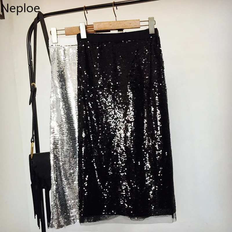 Neploe, весна-лето, Новое поступление, сетчатая Лоскутная юбка, однотонная, расшитая блестками, с высокой талией, Корейская юбка до середины икры, 43031 - Цвет: black