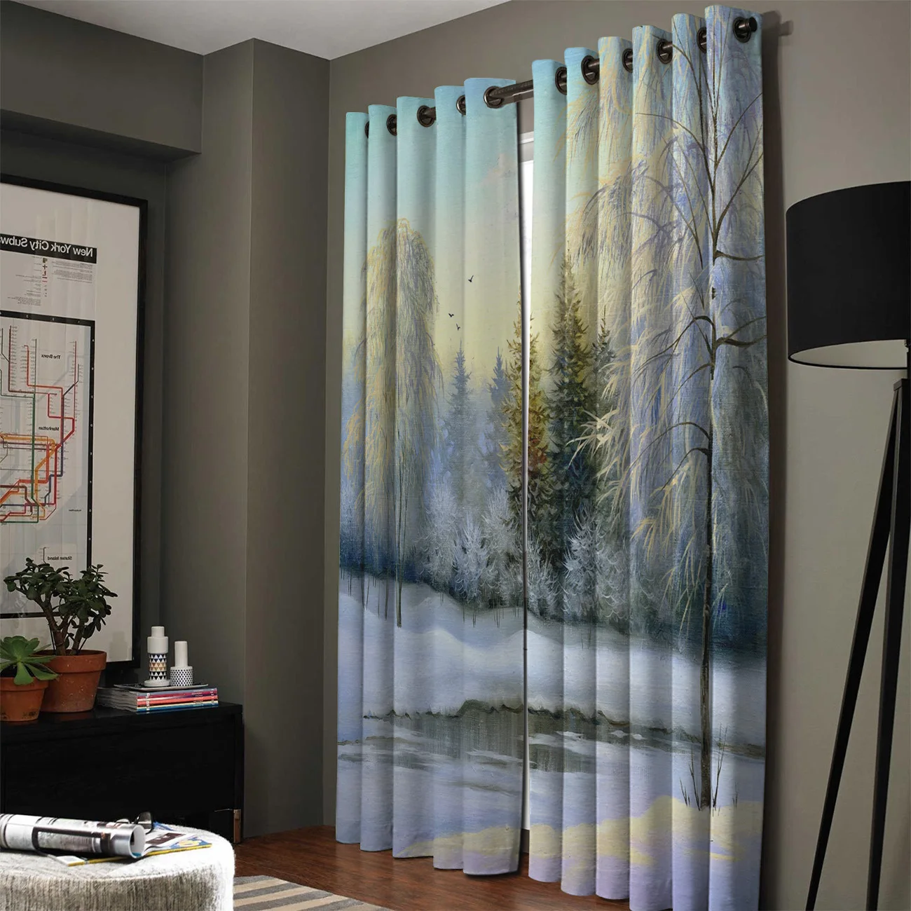 Winter Snow Lake Woods Jungle Birds Beautiful Cloud Window Curtains Living Room Curtain Rod Kitchen Drapes Fabric Home Decor |
