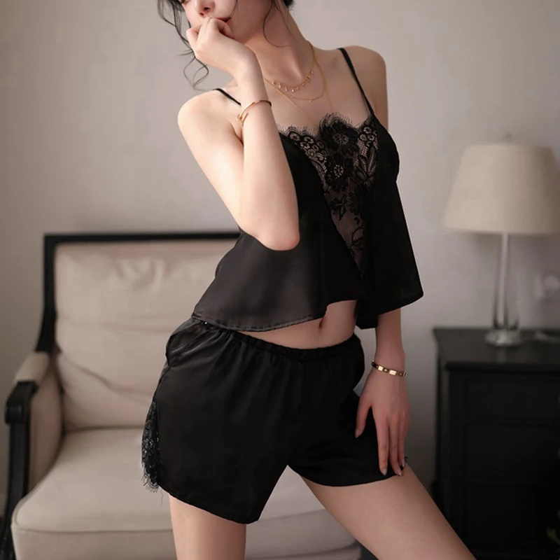 Женский Шелковый пижамный комплект из 2 предметов кружевной топ и шорты