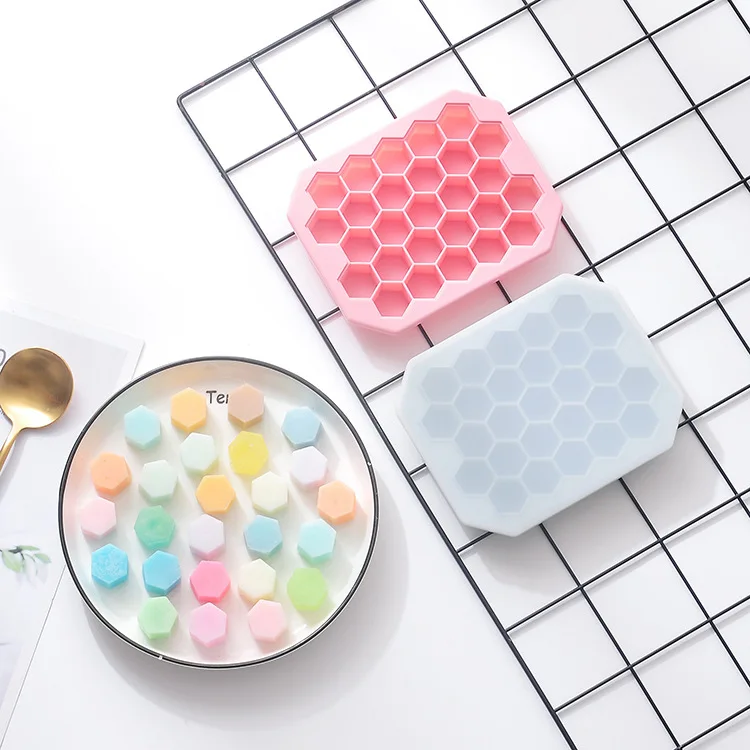 

27 Cells Honeycomb Shape Silicone Ice Cube Mold Food Grade Silicone Honeycomb with Lid Ice Cube Maker Home Ice Cube Tray