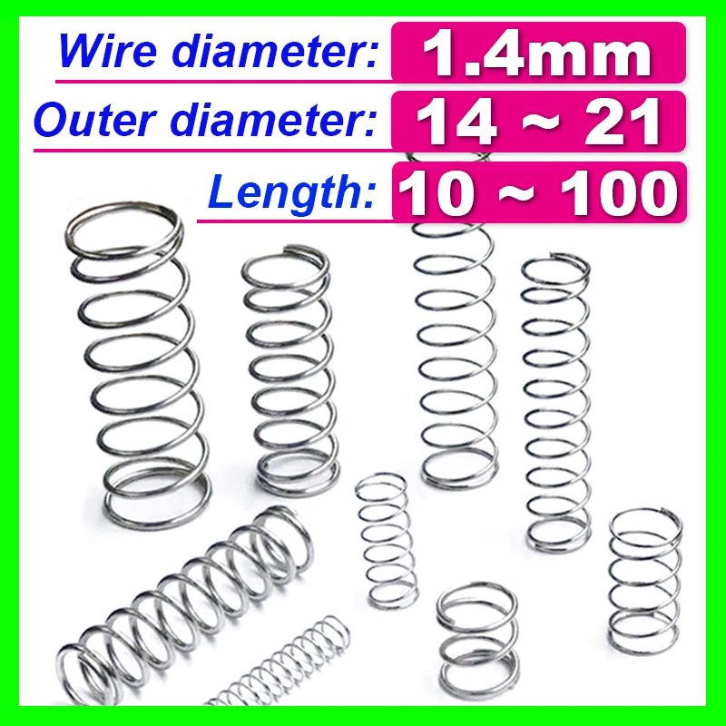 

10pcs Spring Wire Diameter 1.4mm Compress Pressure Spring Rotor Return Buffer Cylidrical Coil Od 14mm~21mm 304 Stainless Steel