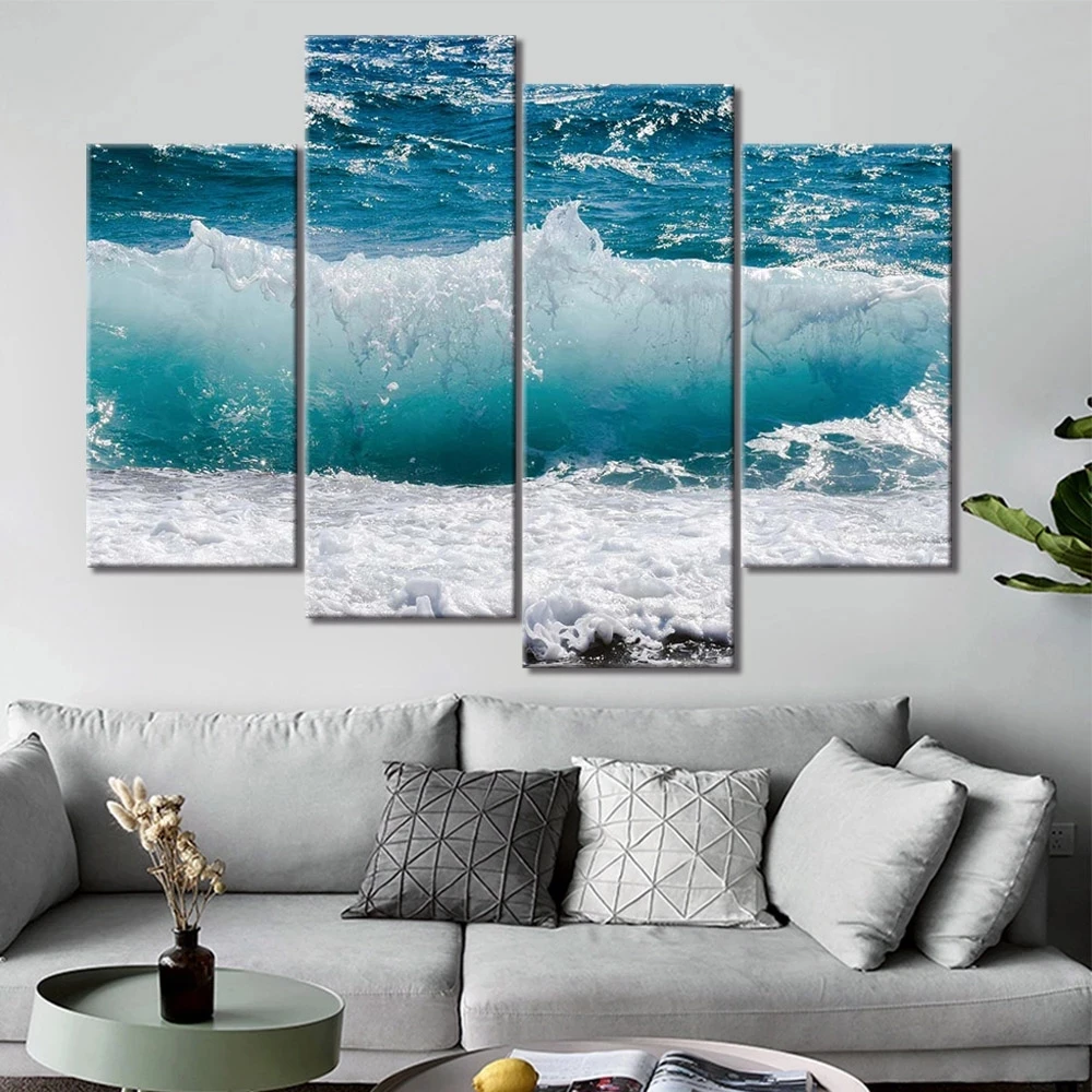 

Wall Posters and Prints 4 Pieces Beach Rough Waves Seascape Wall Art Canvas Paintings Wall Pictures for Living Room Decoration