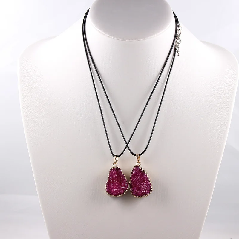 

Natural Rose Red Irregular Mineral Crystal Druzy Necklace for Women Water Drop Chakra Raw Stone Cord Statement Necklace Jewelry