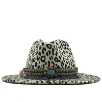 flat trend unisex brim wool felt jazz fedora hats men women leopard grain tassel band decor trilby panama formal hats 58 60cm