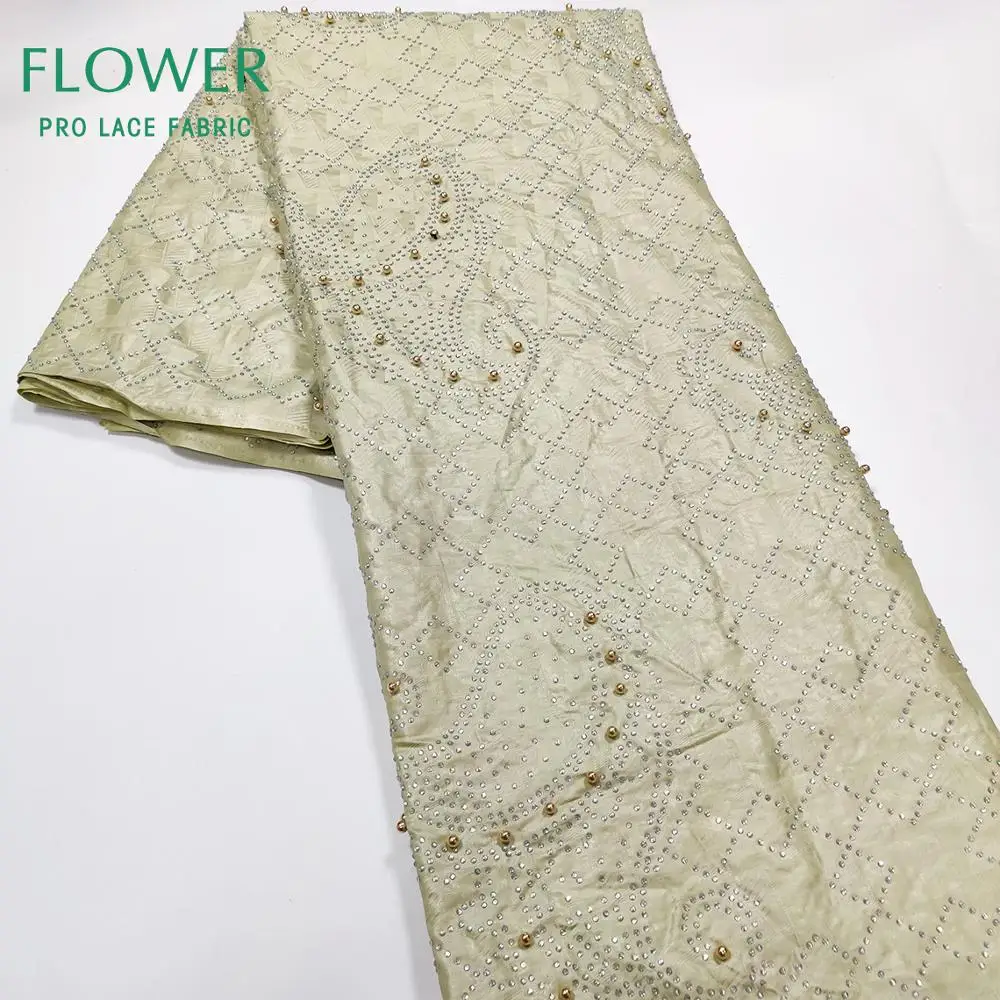 Beige Bazin Riche Lace Fabrics With Stones And Beads Soft 100% Cotton Nigerian Guinea Beaded Wedding Dress Sewing Basin Material | Дом и сад