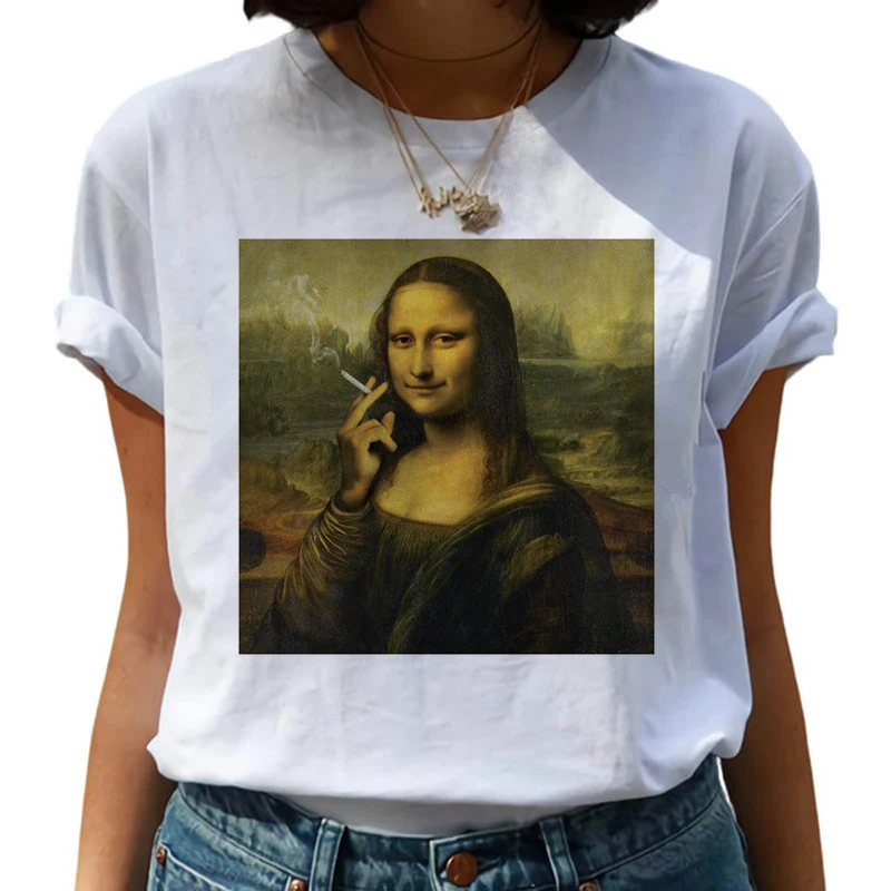 Белая женская футболка с принтом Моны Лизы уличная одежда забавная в Корейском