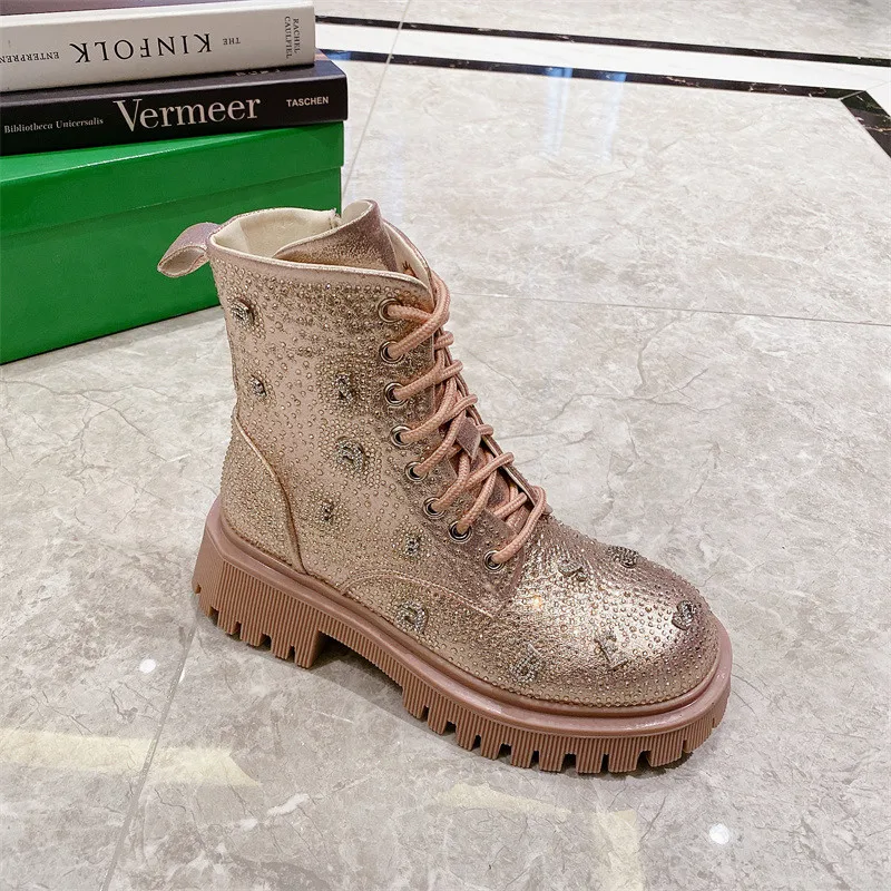 

Женские блестящие полусапожки Стразы с круглым носком, на шнуровке, на платформе и массивном каблуке, винтажные Роскошные туфли в стиле рет...