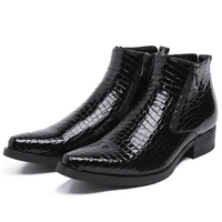 men ankle boots patent leather fashion plaid zipper pointed toe casual wedding business shoes