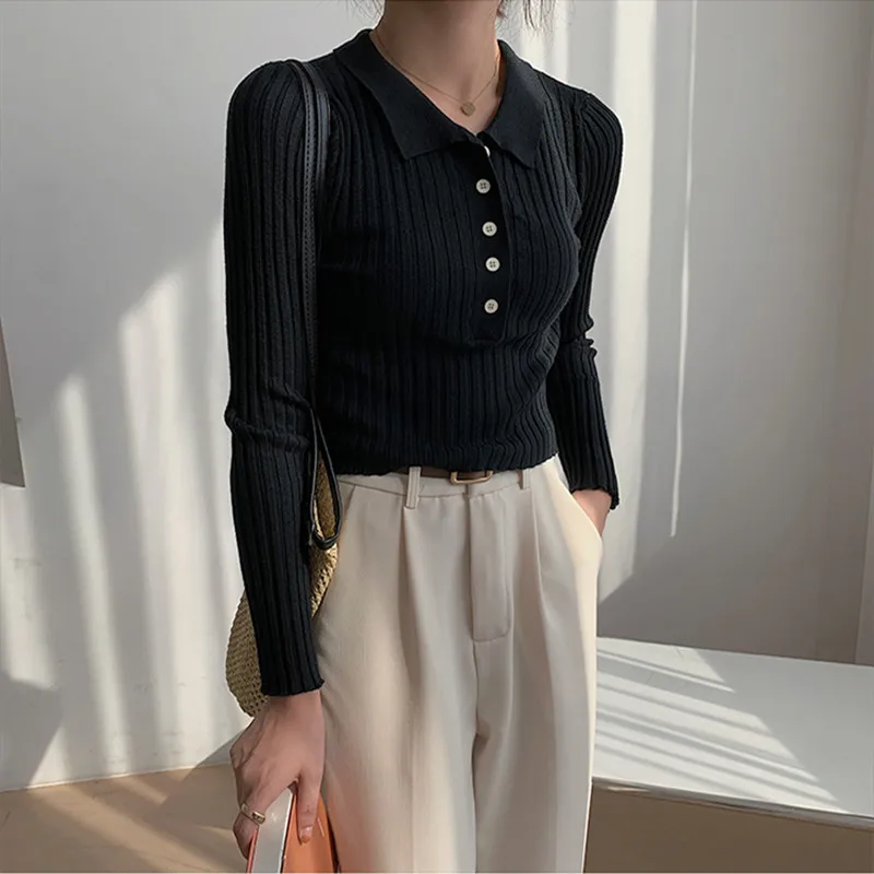 

Новинка 2022, Осенний женский свитер PLAMTEE, вязаный корейский Классический облегающий пуловер с отложным воротником и длинными рукавами, подхо...