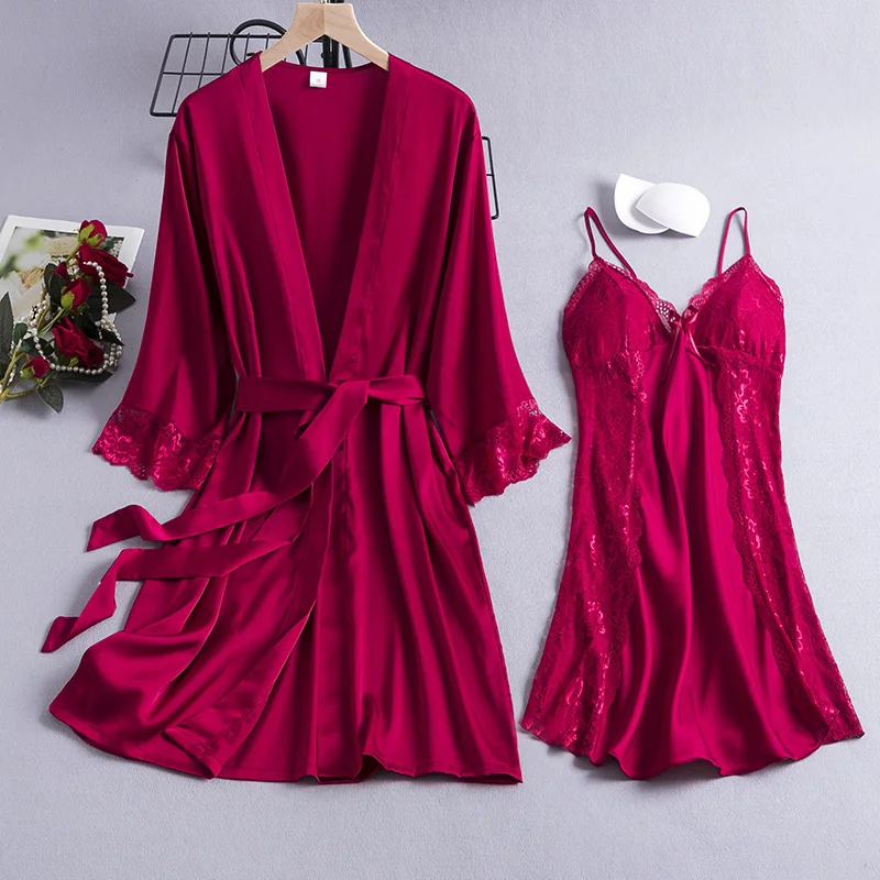 

Burgundy Wedding Bride Bridesmaid Wedding Robe Nightgown Sleepwear Sexy Lace Trim Bathrobe Nightwear Casual Rayon Home Dress