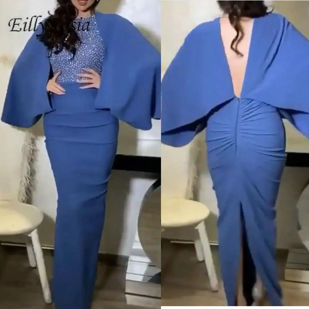 

Royal Blue Mermaid Evening Dress with Sequins Open Back Split Shawl Sleeves Arabic Celebrity Evening Gowns for Women Lebanon
