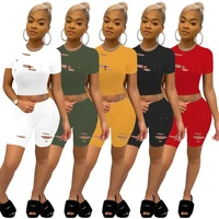 fashionable short tracksuits 2pcs suits hole hollow out see through crew neck short sleeve topstight knee length shorts outfits
