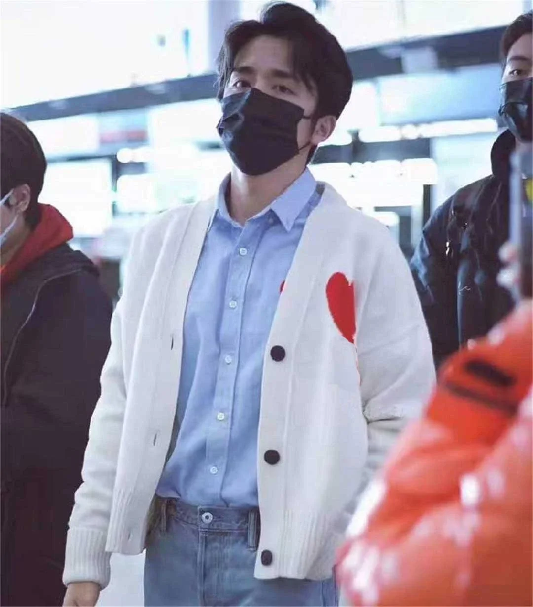 2021New Korean Fashion Oversized Knitted Cardigan Red Heart Letter A Loose Long-Sleeved Men Winter Sweater VNeck Unisex Jackets |