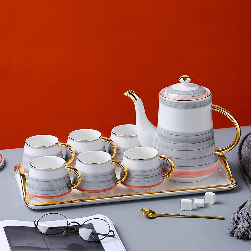 

European ceramic coffee cup set creative golden stroke home hotel afternoon tea kettle cup system