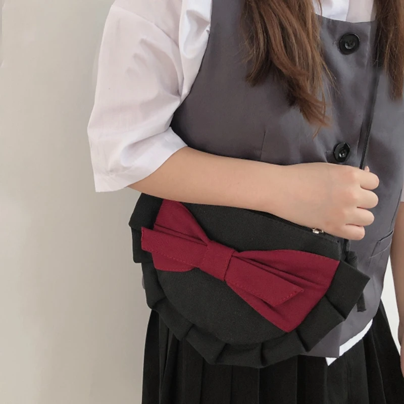 Women's Semicircular Handbag Crossbody Shoulder Bag Canvas Bow Ruffled Zipper Wallet |