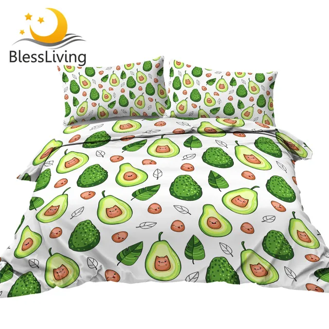 BlessLiving Avocado Bedding Set for Kids Cartoon Duvet Cover Queen Green Fruit Leaf Bed Set Kawaii Style Home Textiles Dropship 1